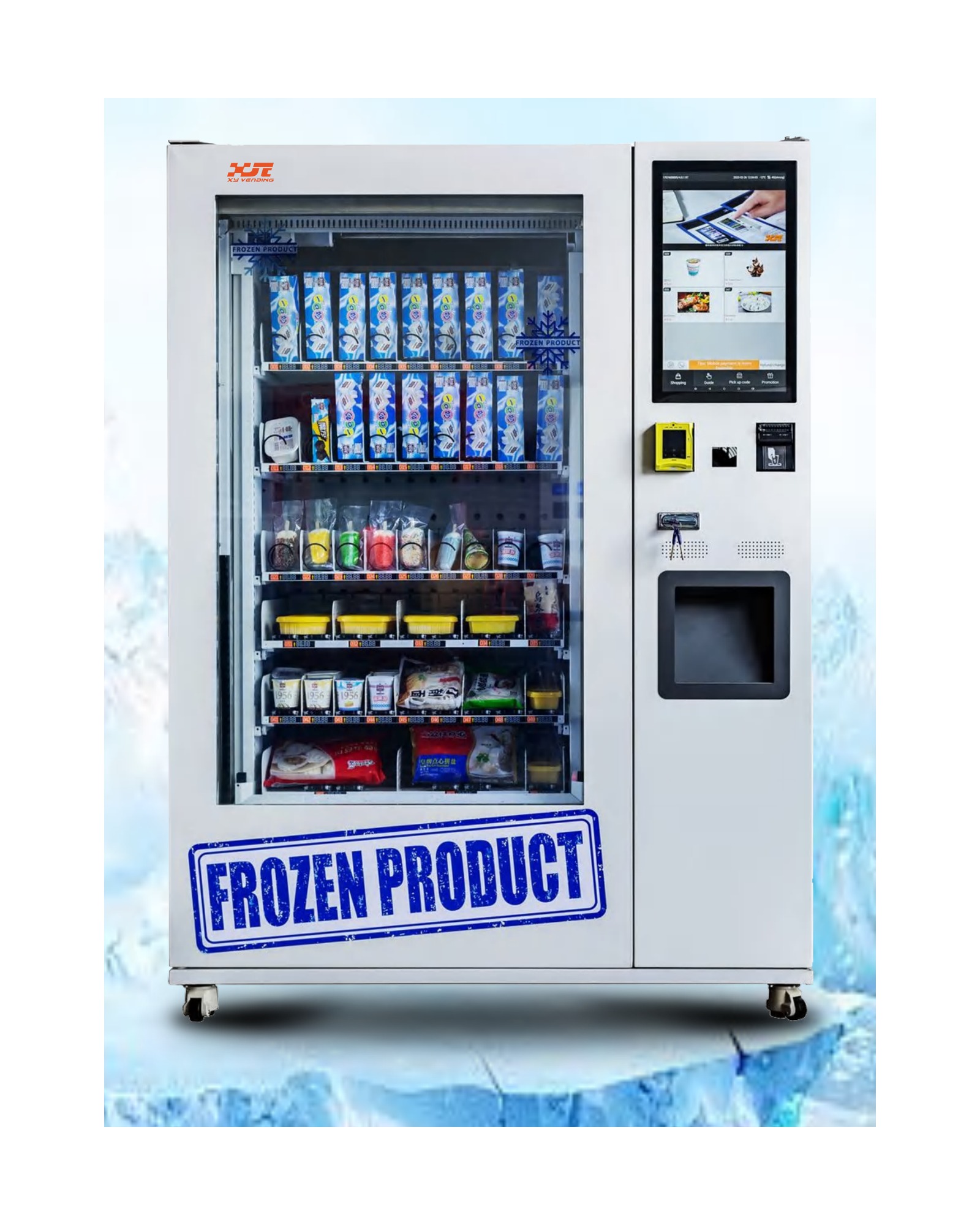Large frozen food vending machine with touchscreen